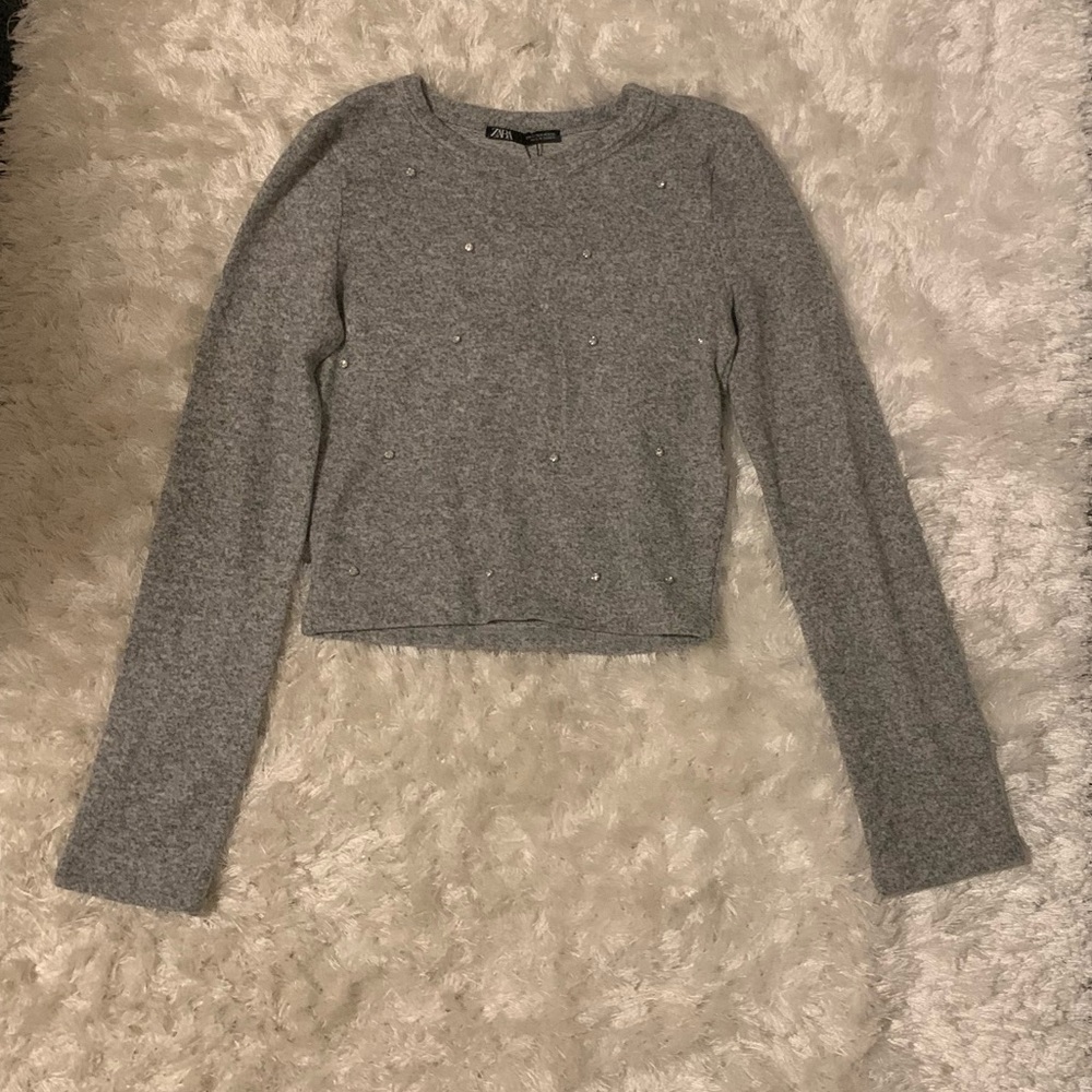 Gray Long-Sleeve Crop Top with Gem Details